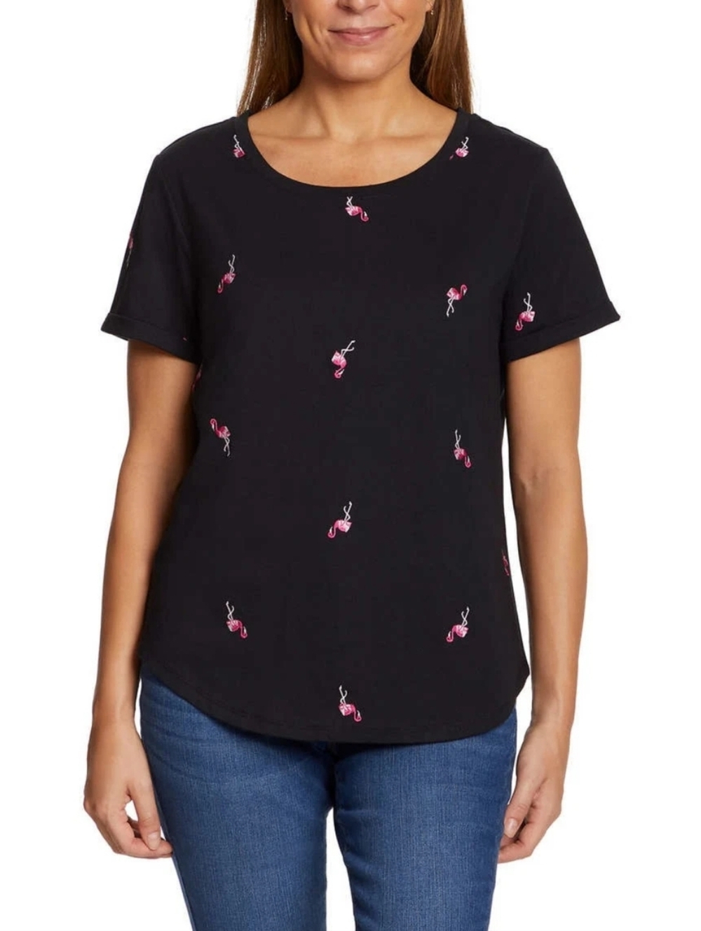 ☔️🔺️Vintage America Black Pink Flamingo Cuffed Short Sleeve Top Large